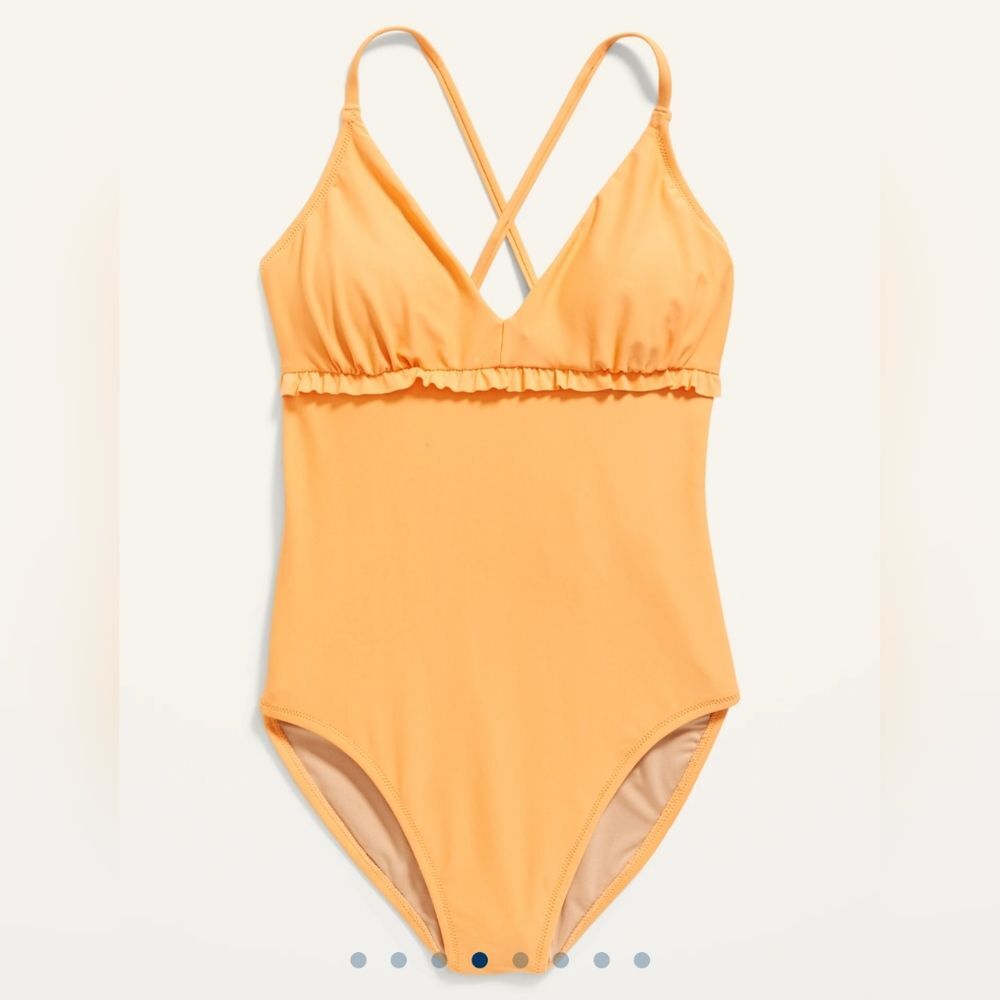 V-Neck Ruffle-Trim Cutout One-Piece Swimsuit in Mango Sorbet - Old Navy (M + 2X) - Picture 5 of 16
